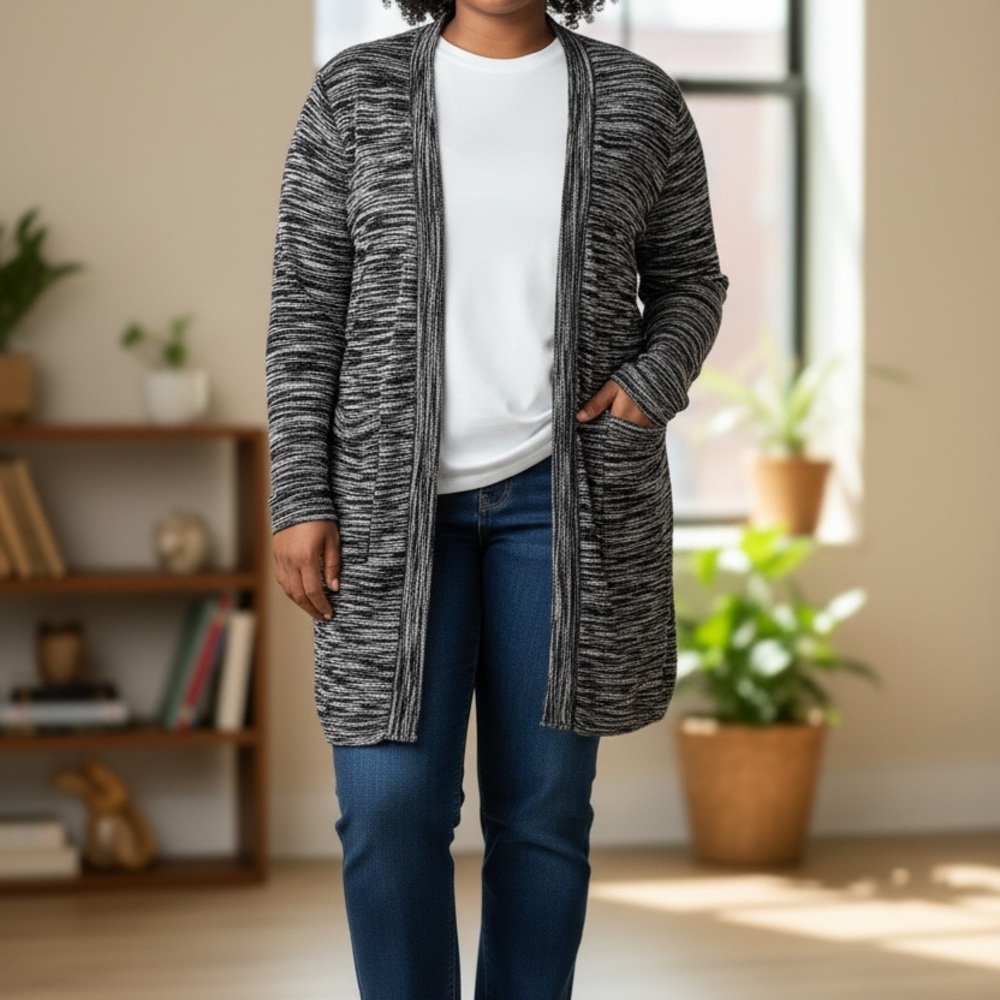 Women's Black and Gray Open-Front Sweater 481
